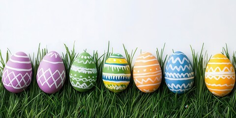 Colorful painted Easter eggs arranged in a row on vibrant green grass.