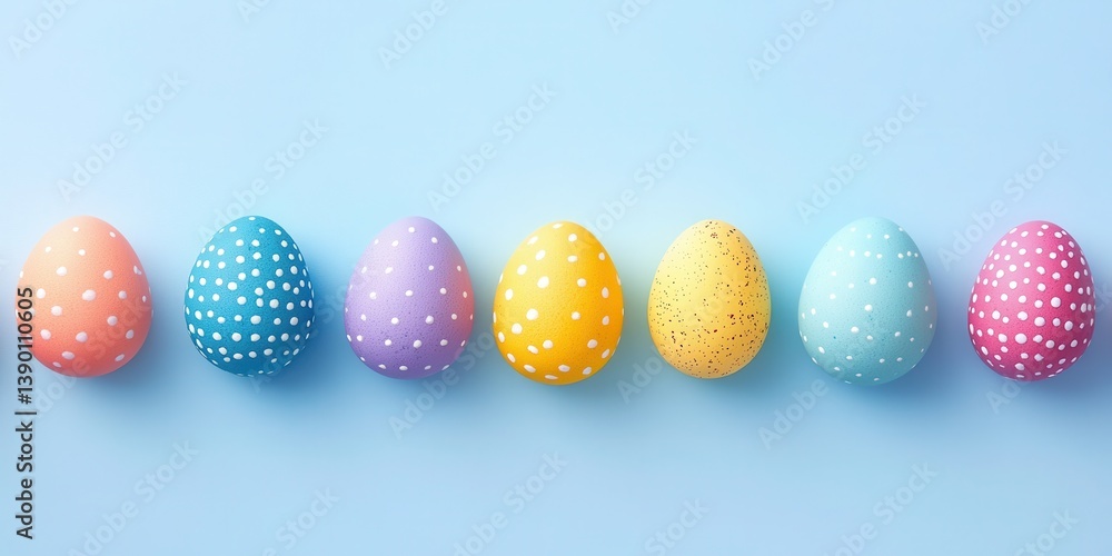 Poster A vibrant display of Easter eggs arranged in a neat row, showcasing various colors and patterns.