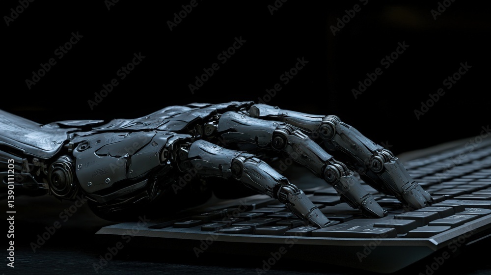Poster robotic hand typing on a keyboard futuristic technology artificial intelligence concept