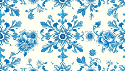 Intricate blue and white floral pattern in Gzhel style; elegant, seamless, copy space, space, template