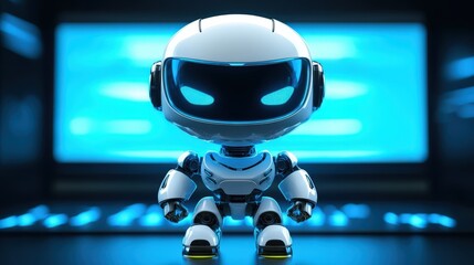 Cute White Robot Character Standing Near Blue Screen Technology Concept
