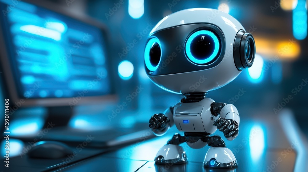 Poster futuristic small robot near computer screen digital technology artificial intelligence