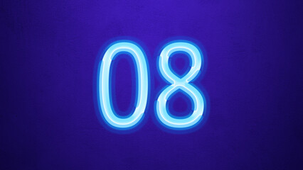 Glowing blue number design of 08 on blue background.