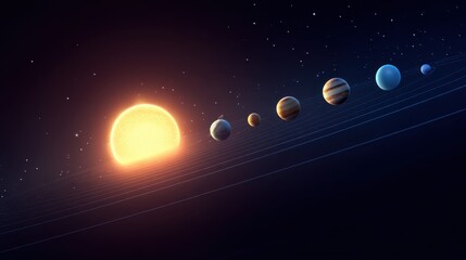 A vibrant depiction of the solar system displays the sun at the forefront with planets in orbit, illustrating the vastness of space and celestial bodies' arrangement