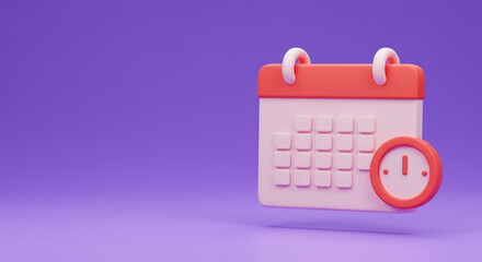 A playful pastel calendar and clock symbolize time management and scheduling against a serene purple backdrop.