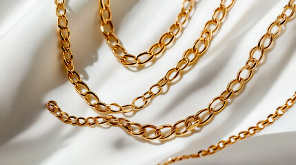 Four gold chain necklaces, on a white background and in a smaller font, the words All the chains have different sizes