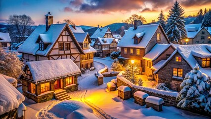 A snowy landscape photography captures a charming Christmas evening in a cozy snow-covered village.