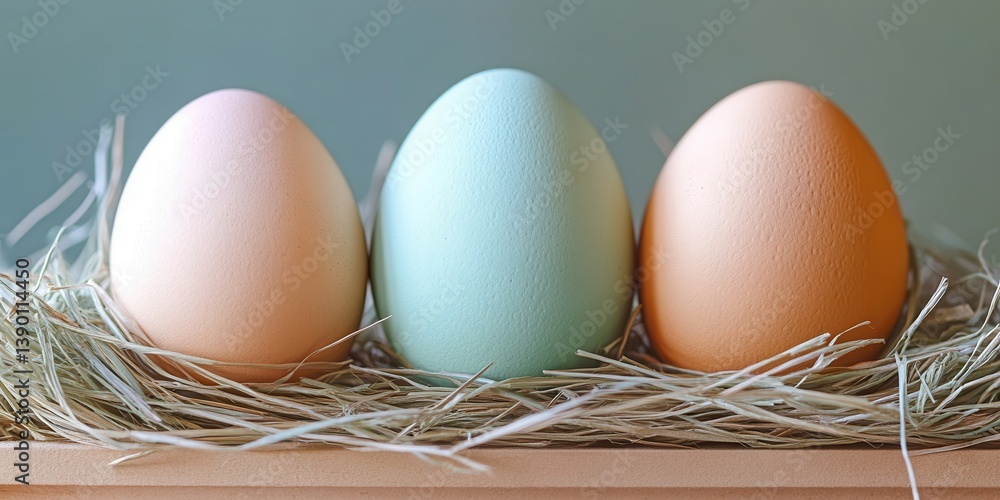 Poster three colorful eggs resting in a straw nest on a rustic table, symbolizing easter's joy and renewal.