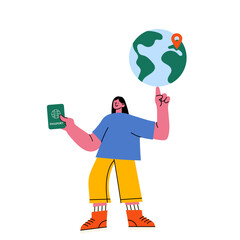Travel concept illustration – happy tourist with passport and globe. Flat vector design for vacation, world trip, tourism, international travel, adventure, holiday planning, global exploration themes