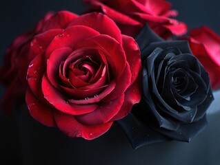 A stunning arrangement of red and black roses on a dark background