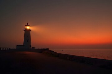 A lonely lighthouse illuminated by the last orange rays of sunset.
