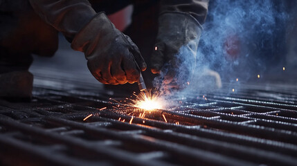 Worker Performs Intricate Steel Welding at Construction Site Showcasing Skillful Craftsmanship and Safety Protocols in Action