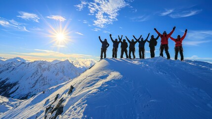 team silhouette with arms raised on mountain peak, success and leadership