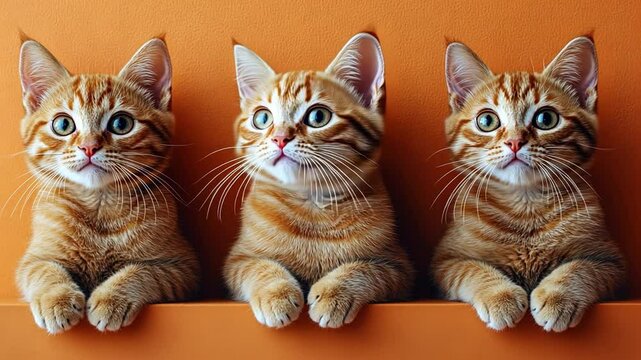 Three Ginger Cats in a Row: A captivating lineup of three adorable ginger cats, each with mesmerizing eyes, posing against a warm orange background, evoking a sense of playful curiosity and charm.
