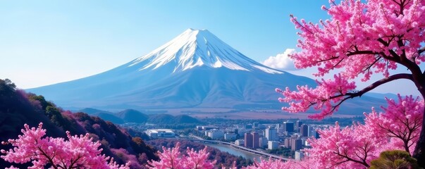 - Majestic mt fuji with pink cherry blossoms in full bloom, scenic, nature, japan