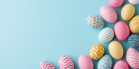 A vibrant collection of Easter eggs displayed on a blue surface.