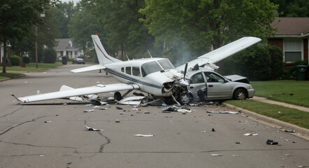 Small plane crash on the road after accident with car on the street against houses and trees background in sunny day outdoor accident scene for insurance