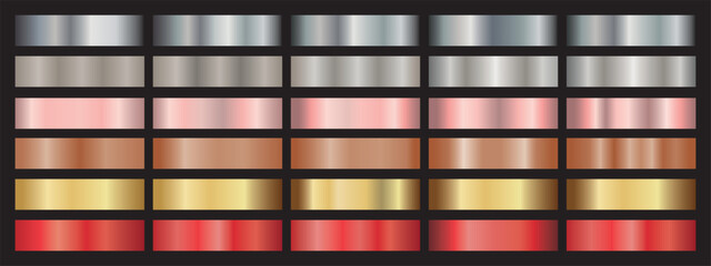 Set of Perfect combination metal gradient color. Chrome texture surface template for digital, web. Gold, silver, bronze, dark silver, red, colorful palette collection. Vector Gradient Set.