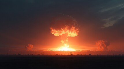 An enormous mushroom cloud billows into the sky, illuminated by a fiery horizon as dusk settles