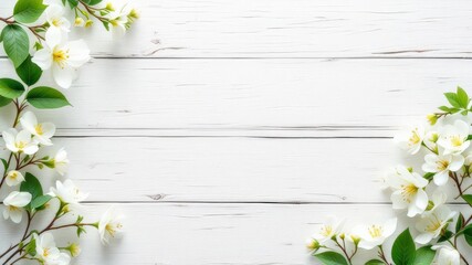 Obraz premium Beautiful White Flowers and Green Leaves on Rustic Wooden Background