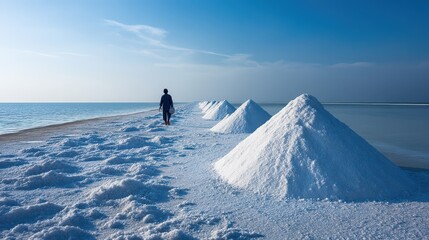 An artisanal salt harvester walks along coastal flats at sunrise, surrounded by mounds of harvested salt under a clear blue sky, showcasing traditional techniques in a rugged landscape