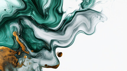 Fototapeta premium Stunning Abstract Design of Green and Silver Liquid Ink on Clean White Surface