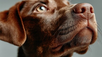 A striking close-up of a brown dog's face, highlighting its soulful eyes and adorable features, capturing the essence of loyalty and companionship in a minimalist setting.