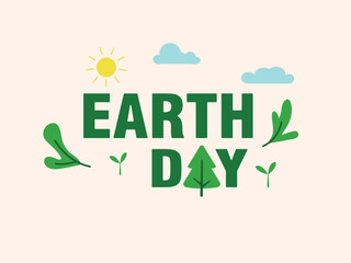 Earth Day is a day to celebrate and protect the environment. A green background with a sun and clouds, and the words "Earth Day" are written in green letters. Concept of hope and positivity
