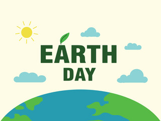 Earth Day is a day to celebrate and protect the environment. A green Earth with a sun shining on it, and a green leaf on top. The sky is filled with clouds