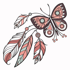 Butterfly clip art with boho feathers and beads