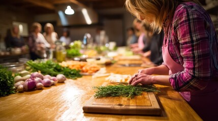 Participants in a bioregional cooking class actively prepare meals, chop fresh herbs, and explore local produce, all while enjoying a vibrant community of fellow food enthusiasts