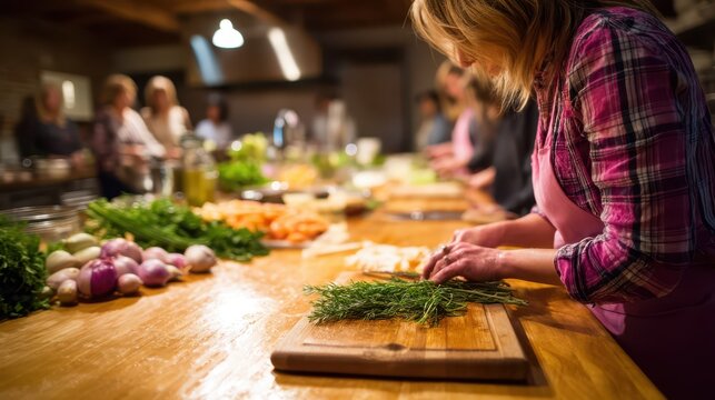 Participants in a bioregional cooking class actively prepare meals, chop fresh herbs, and explore local produce, all while enjoying a vibrant community of fellow food enthusiasts