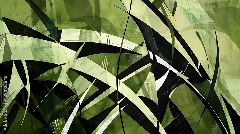 Poster abstract depiction of intersecting shapes with various tones of green