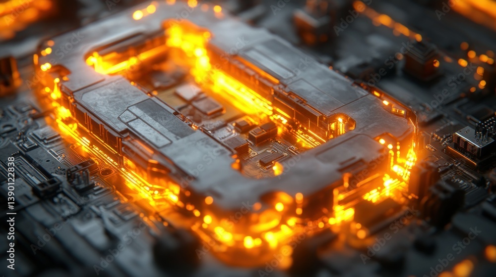 Poster intricate circuit board with glowing components.