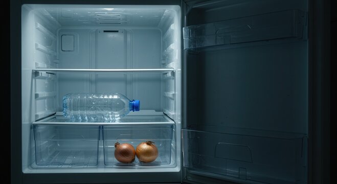 Empty refrigerator with water bottle and two onions  