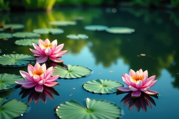 Water lilies create a floral pattern across a still lake, texture, floral