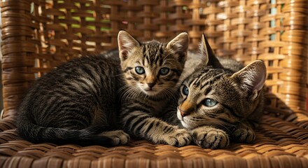 Two Tabby Kittens with Blue Eyes Cuddle on Rattan Chair in Dappled Sunlight