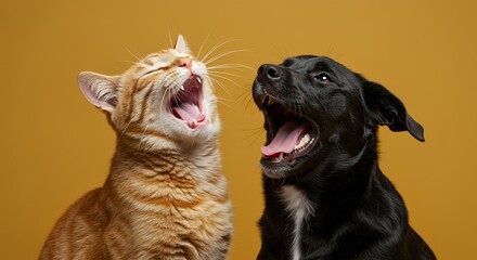 Playful Ginger Cat and Black Dog Laughing Against Golden Background
