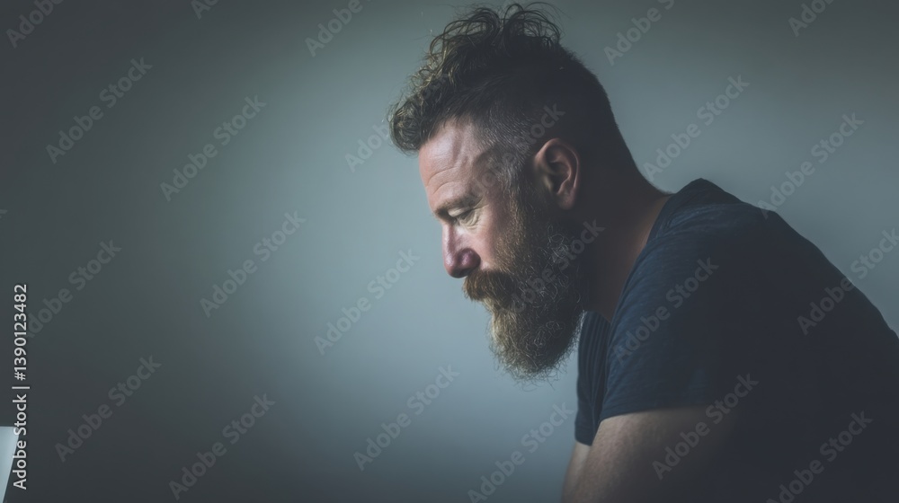 Poster man with a beard working on a laptop as an ai-powered productivity coach in a modern workspace envir