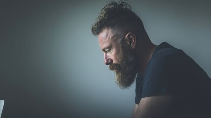Man with a beard working on a laptop as an ai-powered productivity coach in a modern workspace environment
