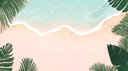 Tropical beach aerial view, ocean waves, palm leaves.