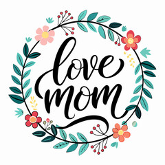 Happy mothers day calligraphy, floral text on white background
