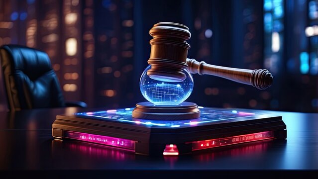 A judge's gavel is placed on a digitally rendered surface with glowing circuitry and binary code