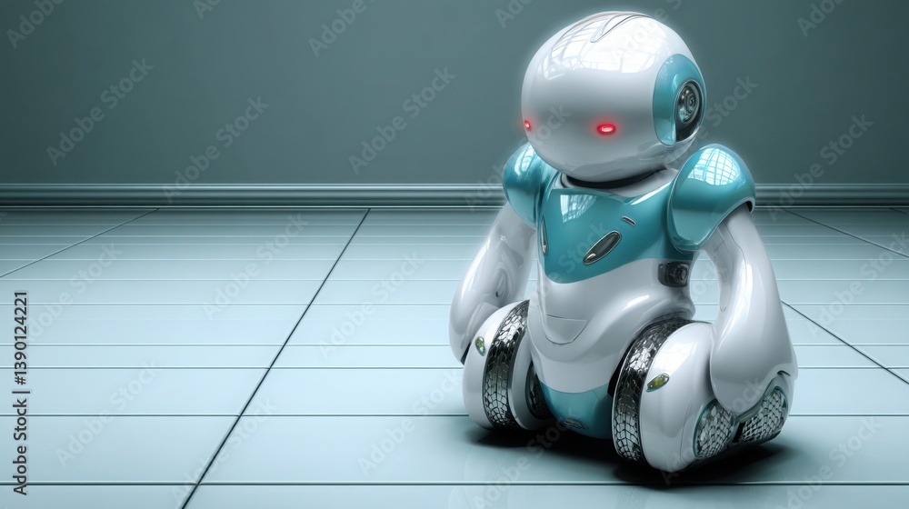 Poster friendly robot seated on a tiled floor displaying a unique design while emphasizing a relaxed lifest