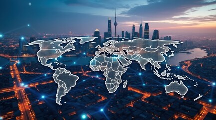 Obraz premium Globalization and trade drive economic growth concept. A digital map overlaying a city skyline at dusk, showcasing urban connectivity.