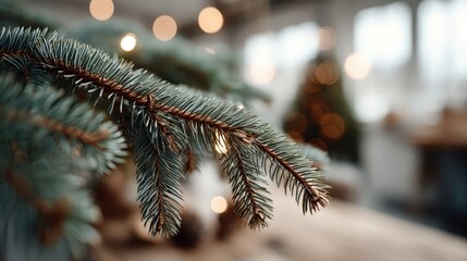 This image captures a detailed view of a Christmas tree branch adorned with soft lighting, showcasing its natural beauty and festive spirit, perfect for holiday designs.
