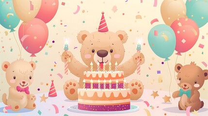 Fototapeta premium Cute and Fun Three Bear Birthday Card - Double layered Cake and Party Balloon Celebration Ceremony