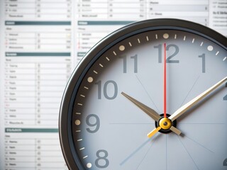 A close-up of a clock displaying the time, with a detailed background featuring various organized schedules or data.