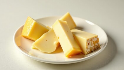 Artisanal cheese on pristine white, minimalist aesthetic, gastronomy, closeup, isolated