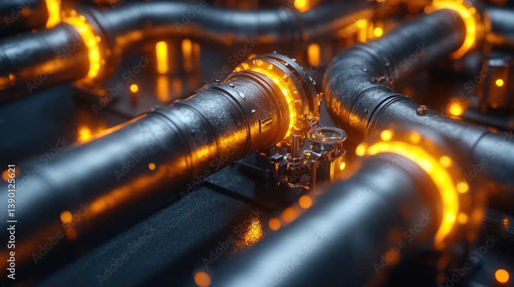 Poster intricate network of glowing pipes. detailed close-up view of interconnected pipelines. engineered s